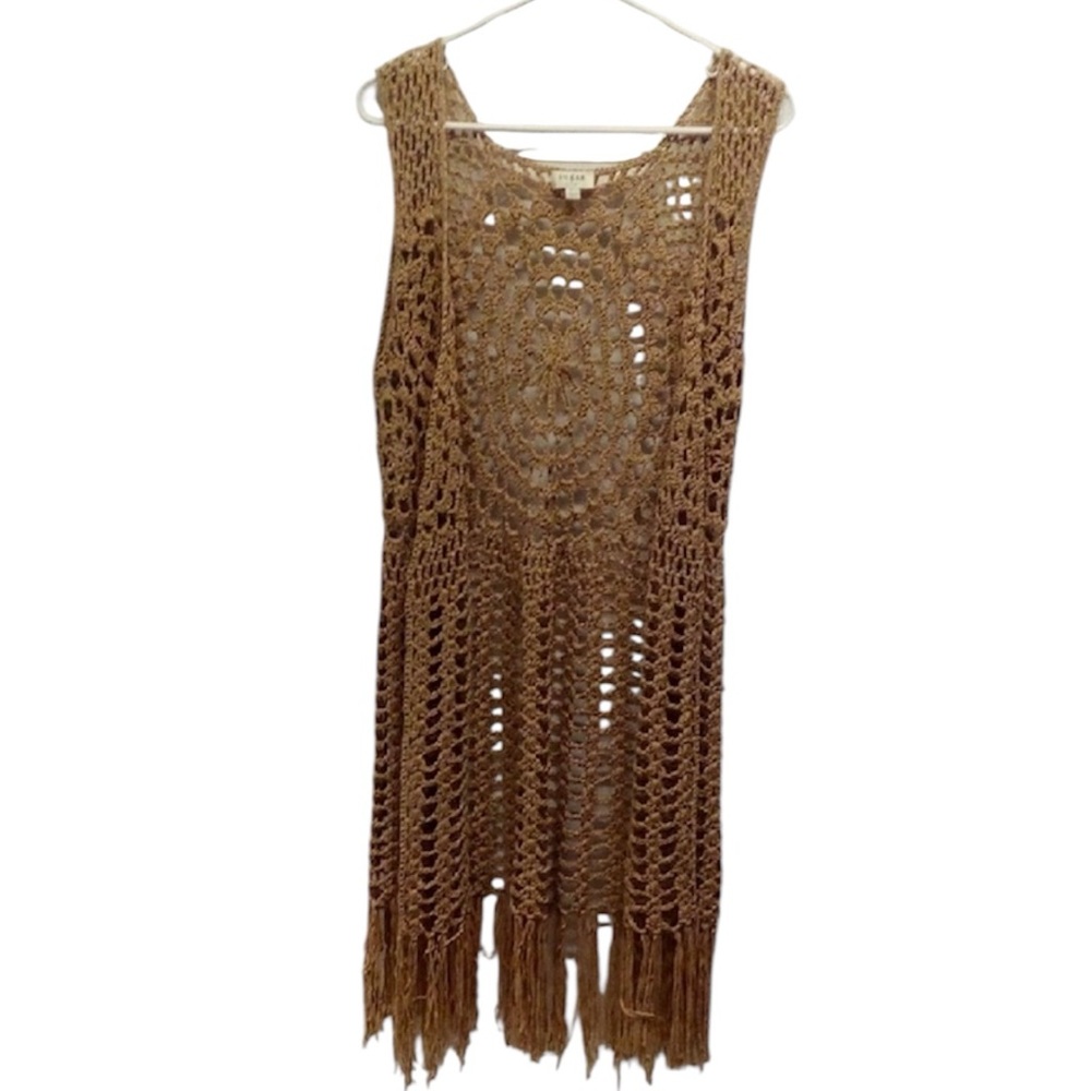 Umgee Tan Boho Crochet Fringe Sleeveless Cardigan